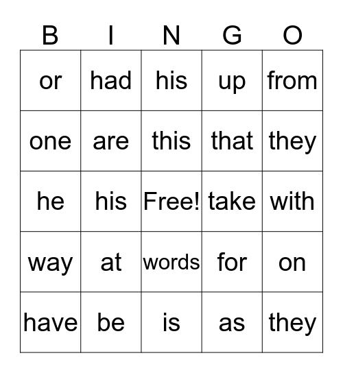 Sight Words Bingo Card