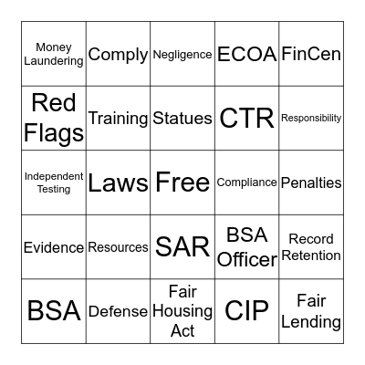 Compliance BINGO Card