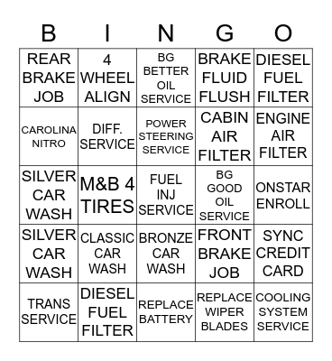 SERVICE SPIFF Bingo Card