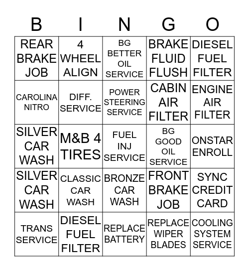 SERVICE SPIFF Bingo Card