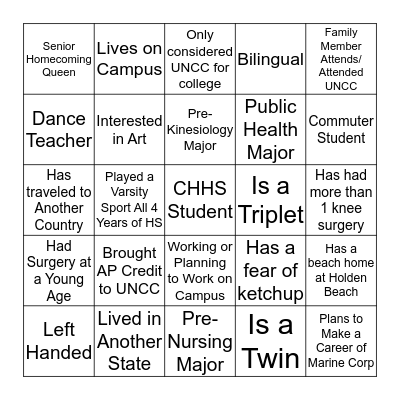 Freshman Seminar Bingo Card