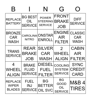 SERVICE BINGO Card
