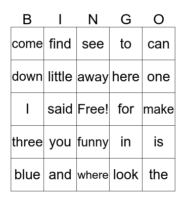 Sight Words Bingo Card