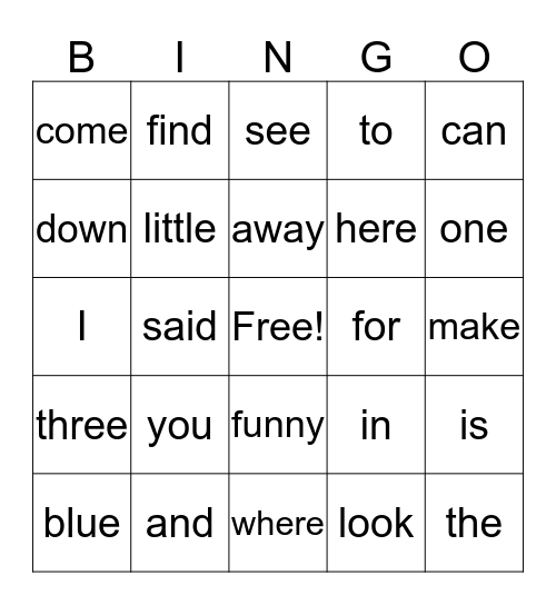 Sight Words Bingo Card