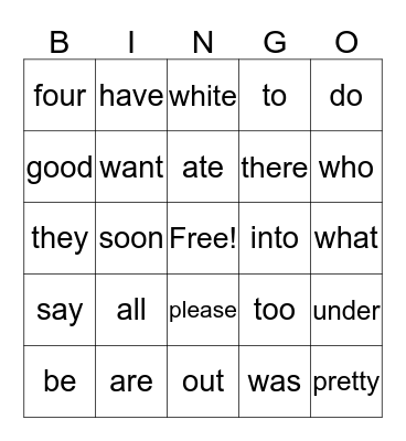 Sight Words Bingo Card