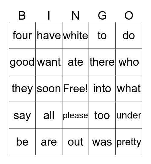 Sight Words Bingo Card