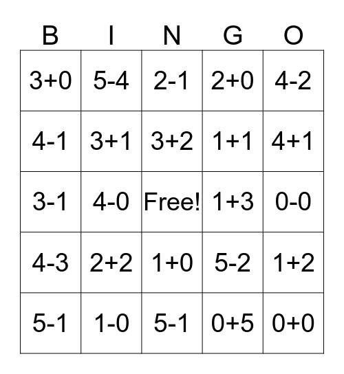 Addition And Subtraction Bingo Card