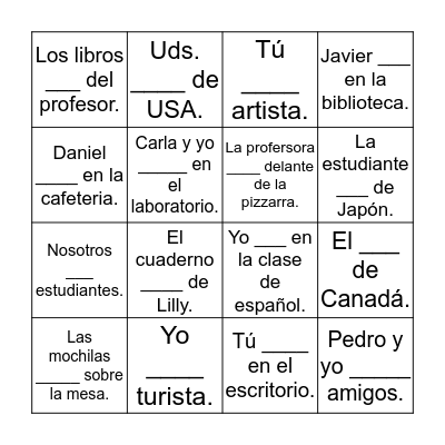 Verbos SER y ESTAR Bingo Card