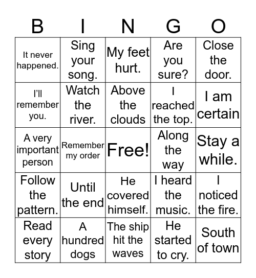 Reading Phrases Bingo Card