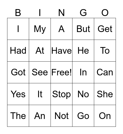 Sight Word Bingo Card