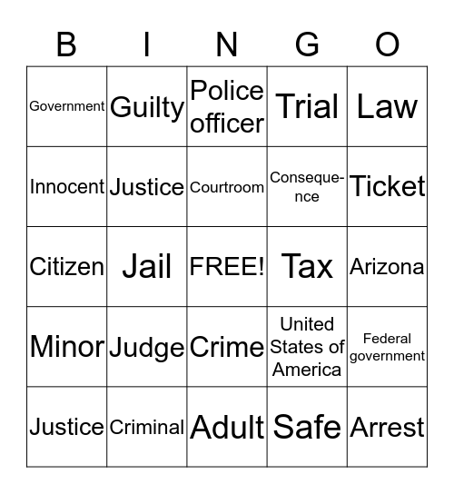 What happens we we break a law?  Bingo Card