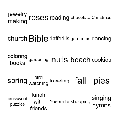 Marian's Favorite Things Bingo Card