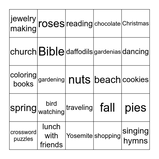 Marian's Favorite Things Bingo Card