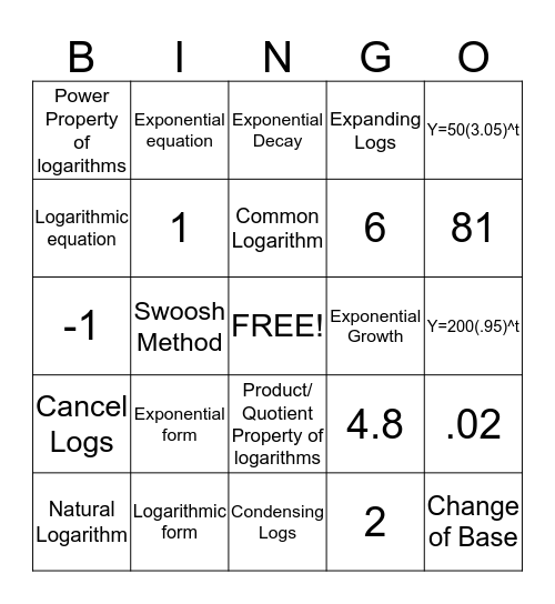 Exponential and Logarithms Bingo Card