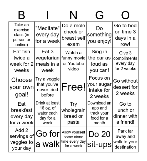 Health and Wellness  Bingo #1 Bingo Card