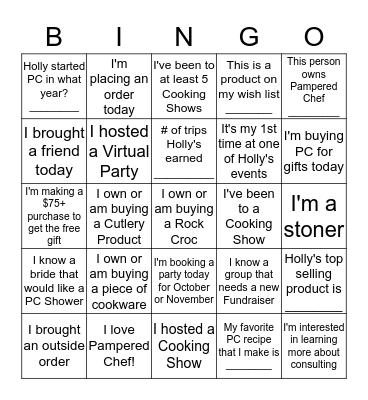 Pampered Chef Bingo Card