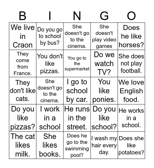 The present simple Bingo Card