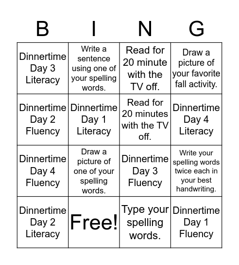 Homework Bingo- Kaiden Bingo Card