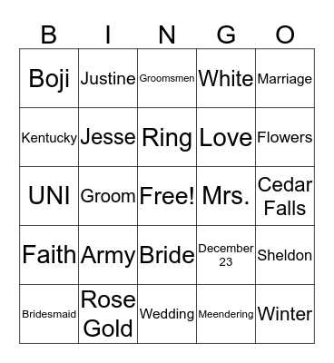 Meendering Wedding BINGO Card