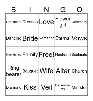 Meendering Wedding BINGO Card