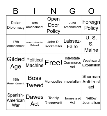 Gilded Age/ Imperialism Bingo Card