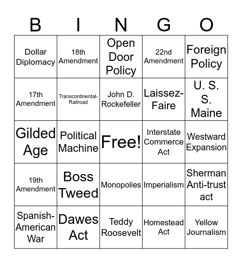 Gilded Age/ Imperialism Bingo Card