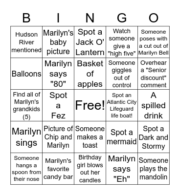 Marilyn's Birthday Bash Bingo Card