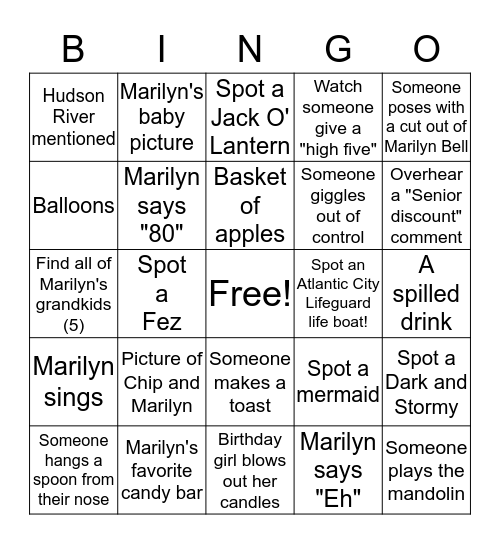 Marilyn's Birthday Bash Bingo Card