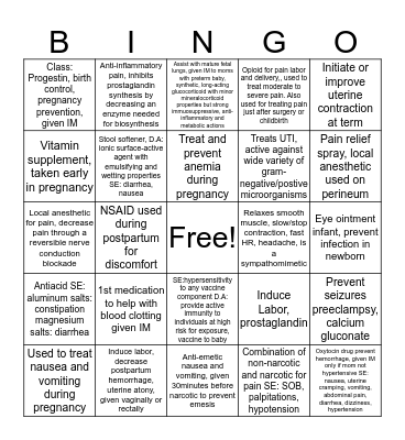 OB Medication Bingo Card