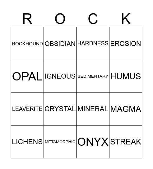 ROCK BINGO Card