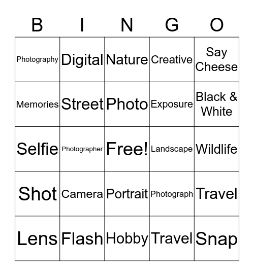 Photography Bingo Card