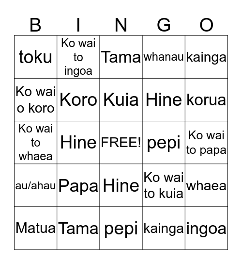 Te Whanau Bingo Card