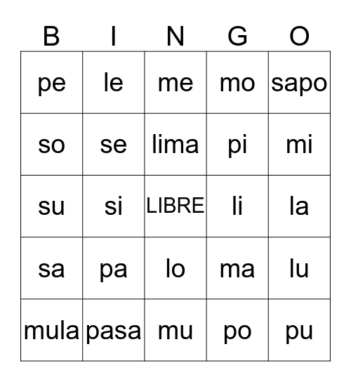 Sílabas abiertas Bingo Card