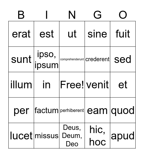 Latin Review Weeks 1-6 Bingo Card