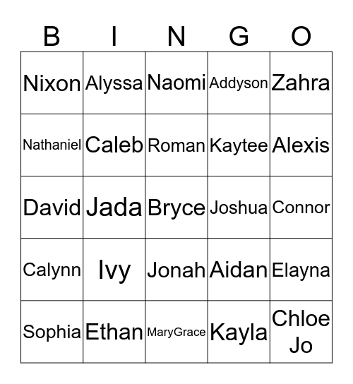 Tiger Class Bingo Card