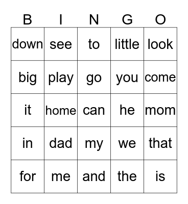 sight words Bingo Card