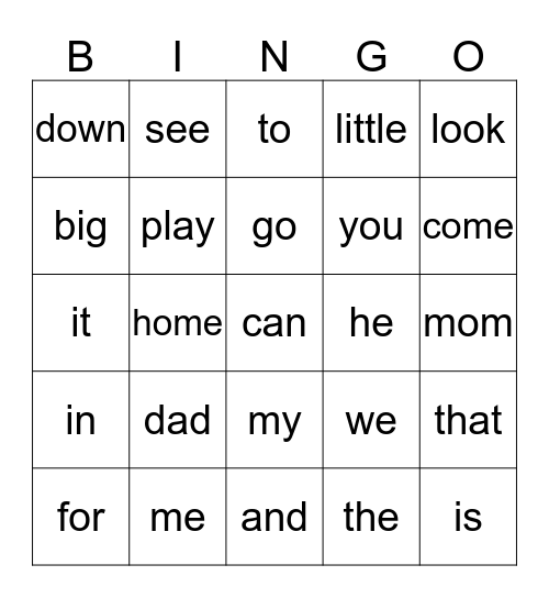 sight words Bingo Card