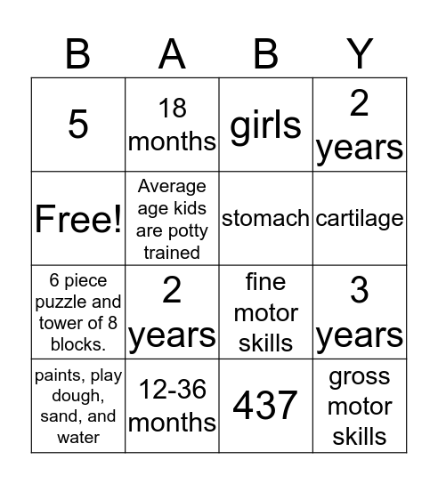 Toddler Bingo  Bingo Card