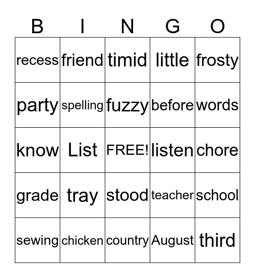 List 1 Bingo Card
