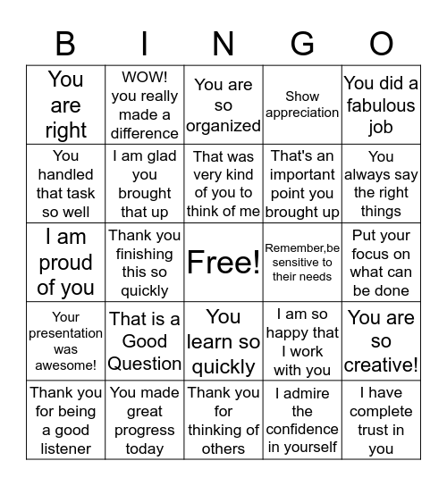 Enhance or Maintain Self Esteem Bingo Card