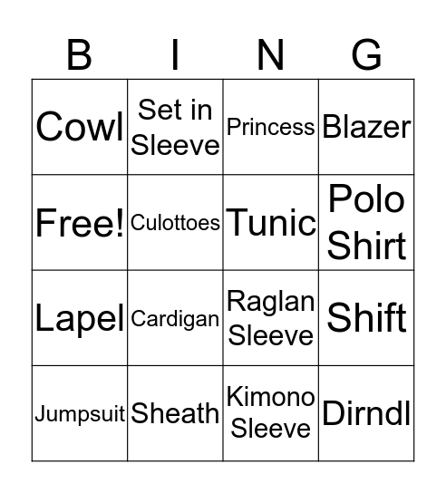 Fashion Terms Bingo Card