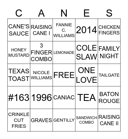 Raising Cane's Night Bingo Card