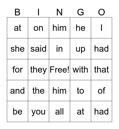 Sight Word Bingo Card