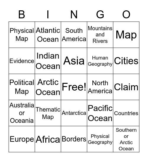 Physical and Human Geography Quiz Bingo Card