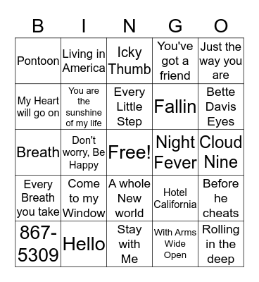 Grammy Winning Songs Bingo Card