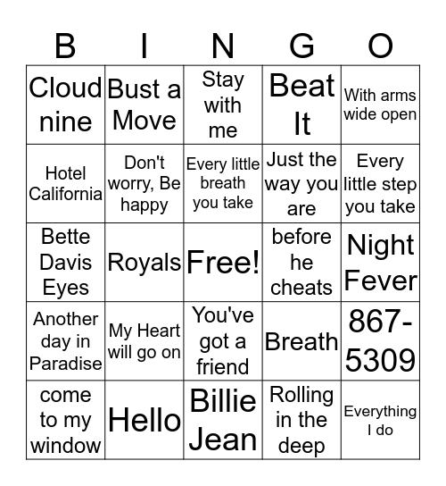 Grammy Winning songs Bingo Card