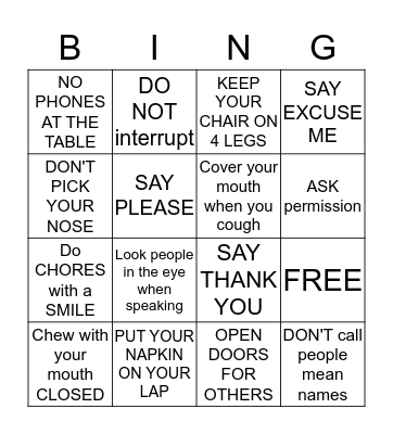 Manners BINGO Card