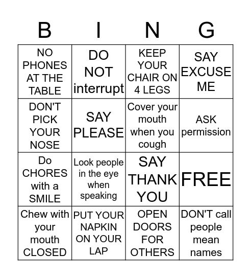 Manners BINGO Card