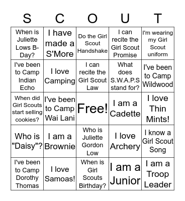 Get To Know Girl Scouts Bingo Card