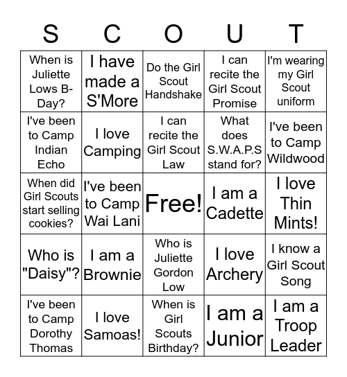 Get To Know Girl Scouts Bingo Card